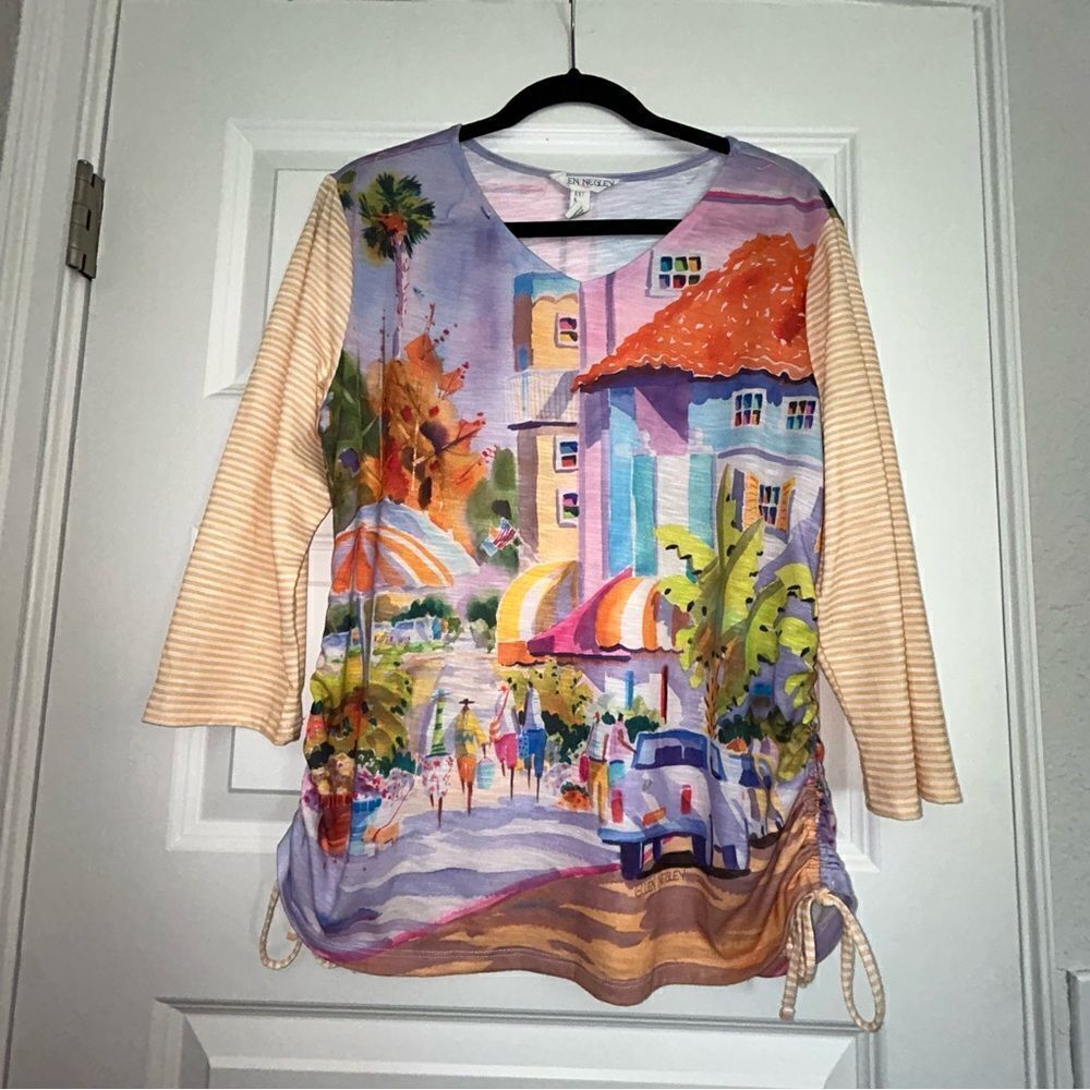 Ellen Negley Art & Sol Print 3/4 Length Sleeve Ruched Side Shirt Top
